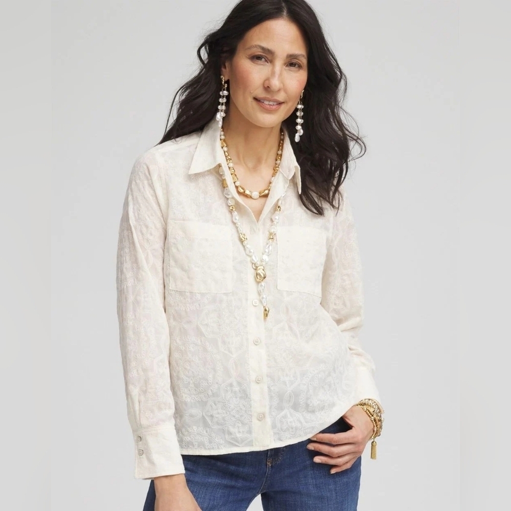Chico's NWT Ember Pocket Novelty Embroidered Sheer Button Down 3/16